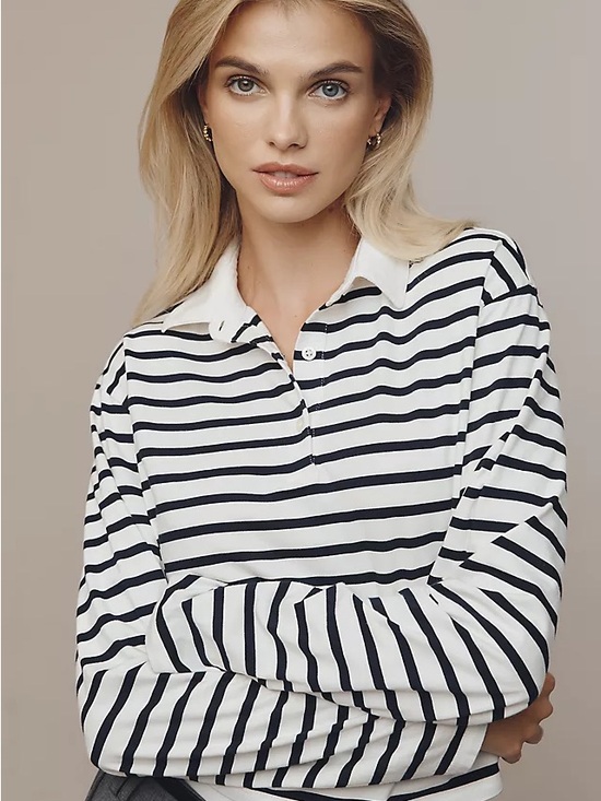 KULE Tops - Kule Lexi top Striped Collared Long Sleeve Top - Black & White
